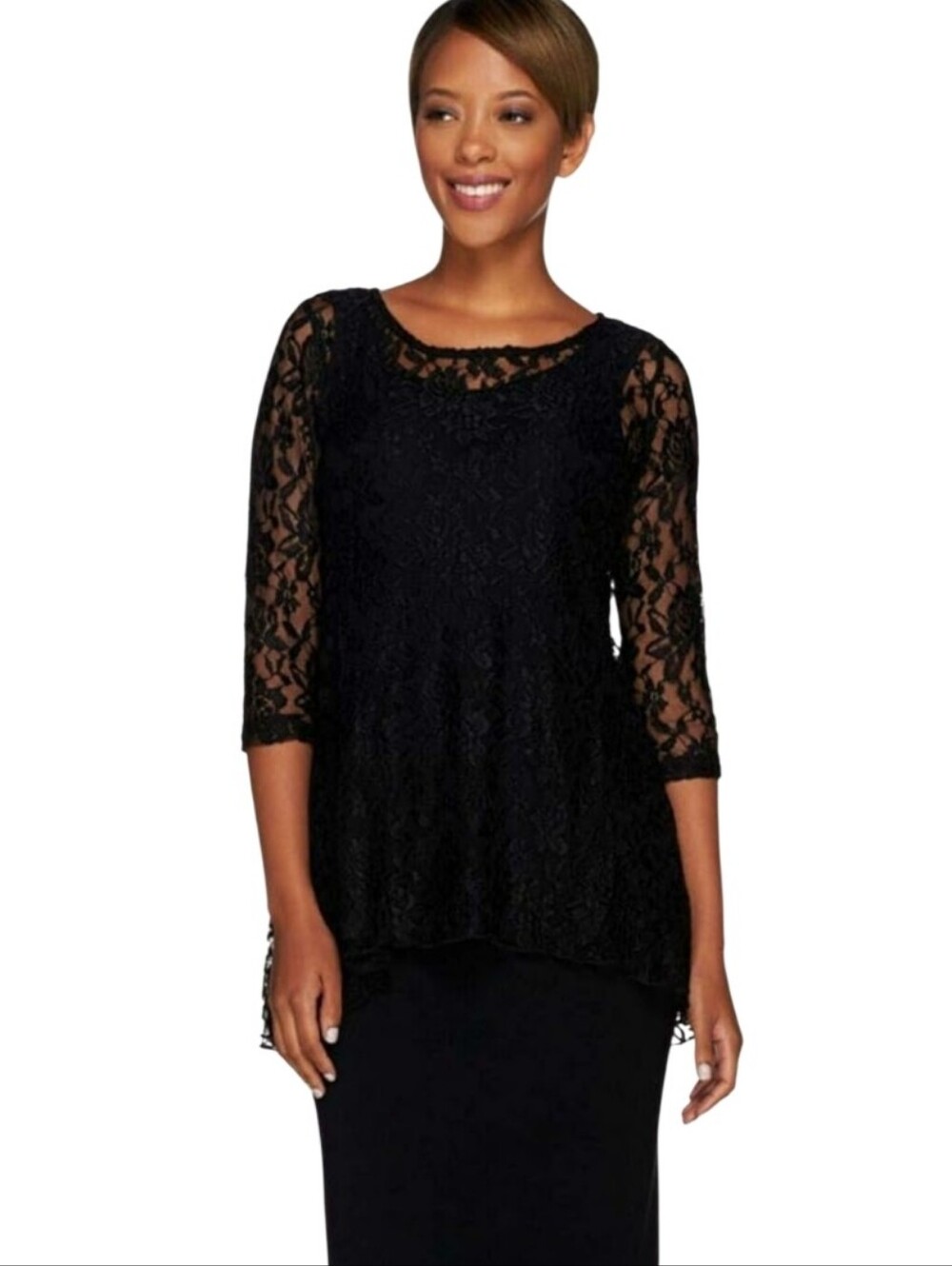 Attitudes by Renee Lace Tunic Black Lace Overlay Women’s Top